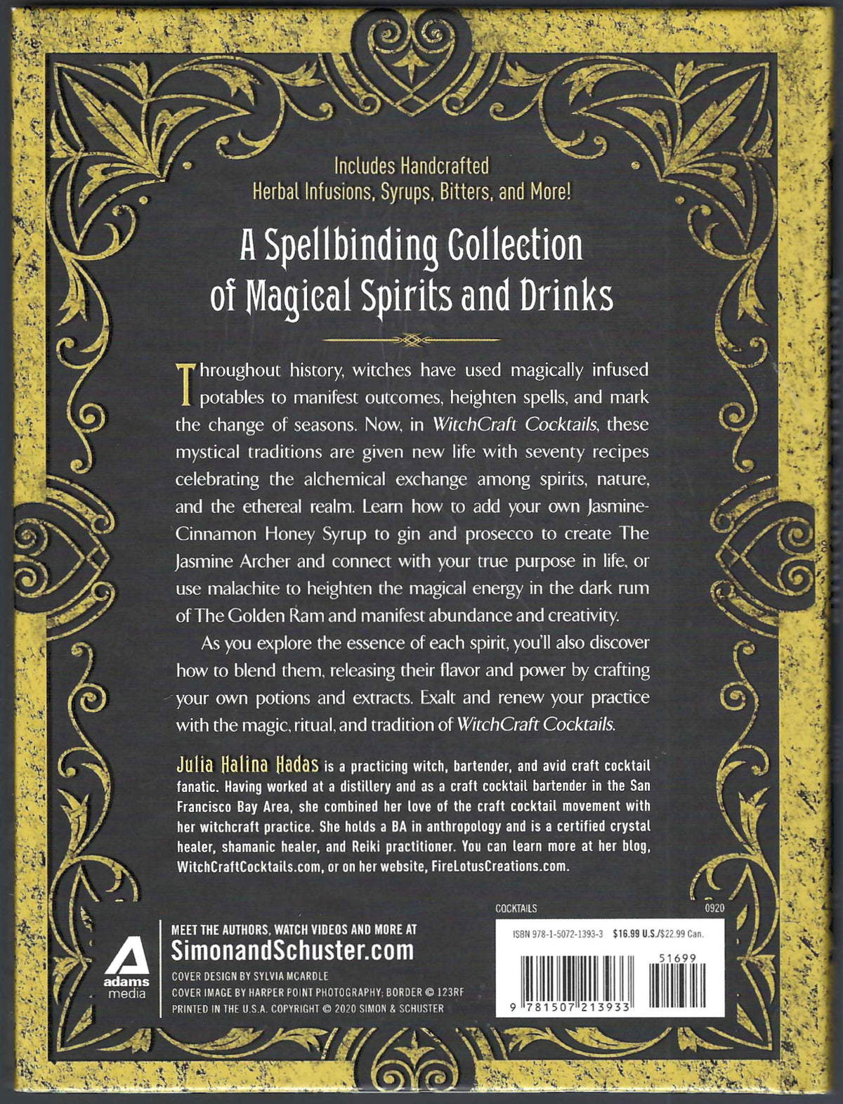 Back cover of WitchCraft Cocktails by Julia Hadas. The cover features a dark background with ornate gold filigree borders, white text, and a barcode at the bottom.