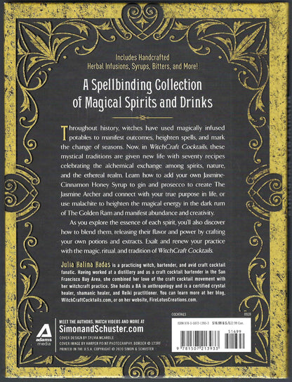 Back cover of WitchCraft Cocktails by Julia Hadas. The cover features a dark background with ornate gold filigree borders, white text, and a barcode at the bottom.