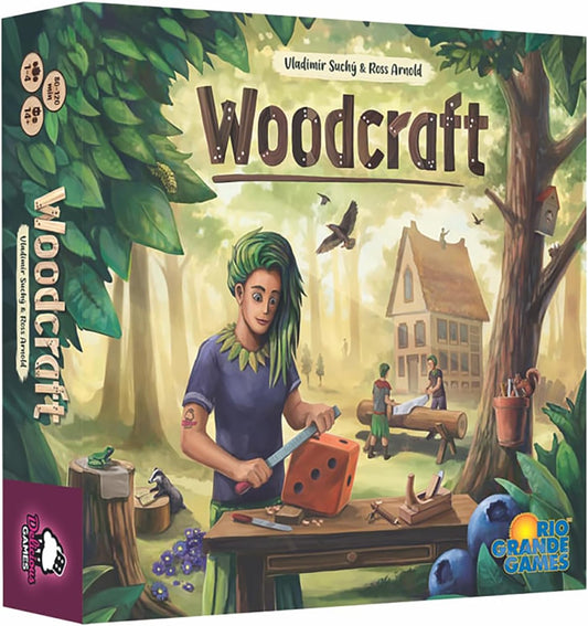 Game box for Woodcraft by Rio Grande Games with a character chopping wood in a forest setting.