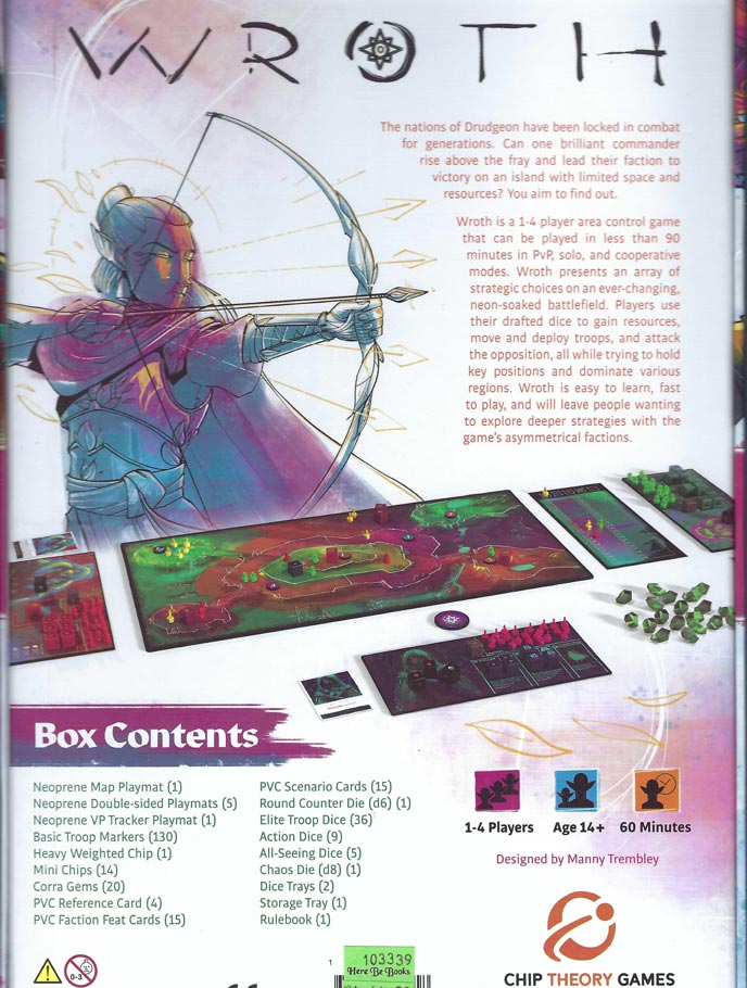 Back of Wroth game box with text and an archer.