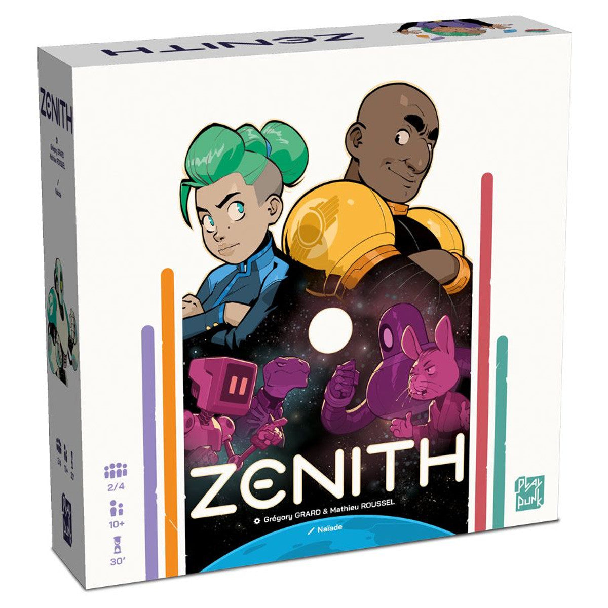 Game box for Zenith with colorful characters and space-themed design.