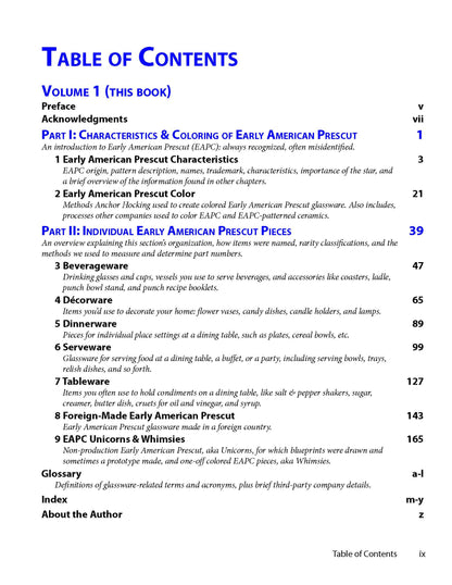 Early American Prescut Glass Volume 1 Table of Contents