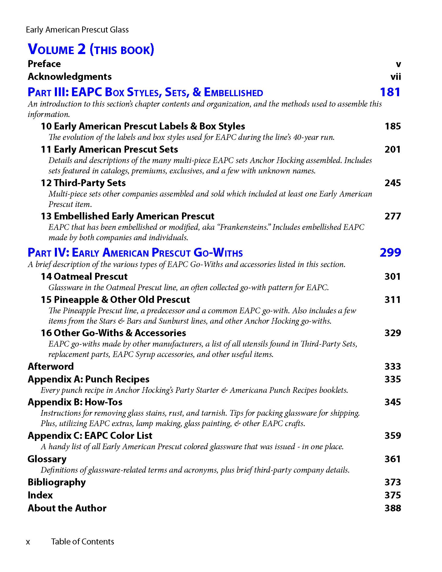 Early American Prescut Glass Volume 2 Table of Contents