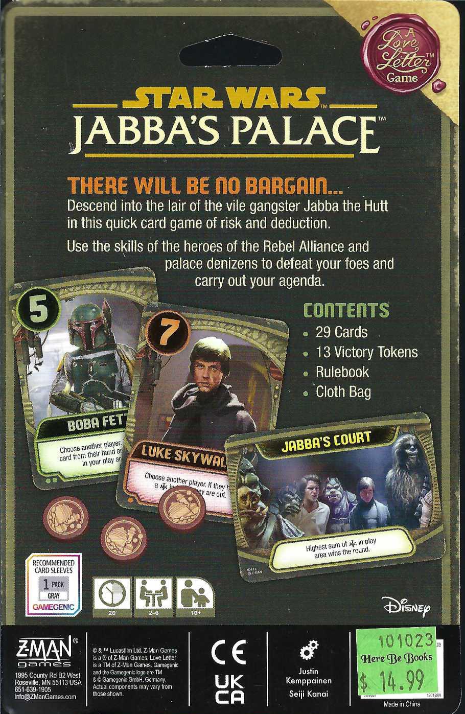 Star Wars Jabba's Palace: a Love Letter game back of package