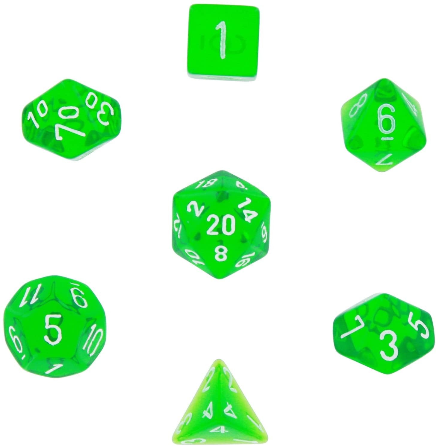 Polyhedral Dice Set: Translucent 7-Piece Set (box) - green with white