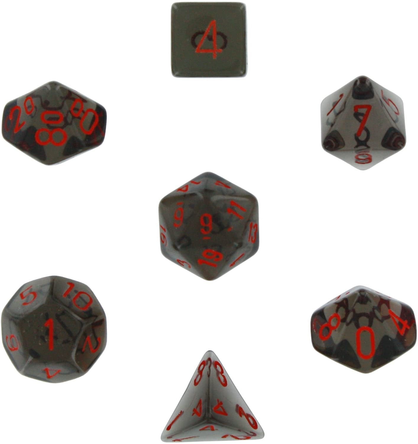 Polyhedral Dice Set: Translucent 7-Piece Set (box) - smoke with red